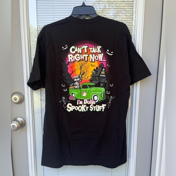 BUC-EES Graphic Tee Shirt Size L Black Halloween Back to back Print Round Neck - Picture 1 of 6